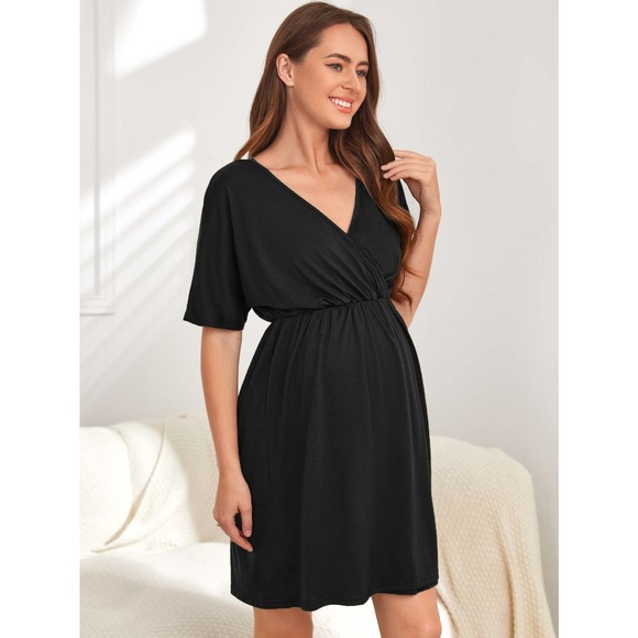 Maternity Surplice v Neck short sleeve mini Dress green - Picture 4 of 8